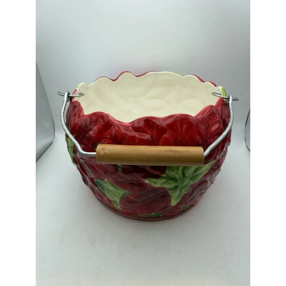 Maxcera Poinsettia Ceramic Basket Bowl Metal Wood Handle Christmas 8.5